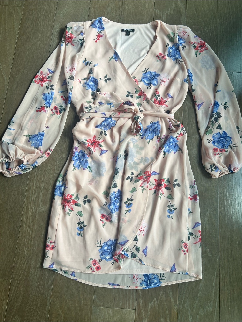 Express Blush Floral Wrap Dress with Blue & Red Blooms size Medium